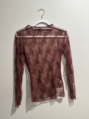 Sheer Lace Long-Sleeve Top in Brown